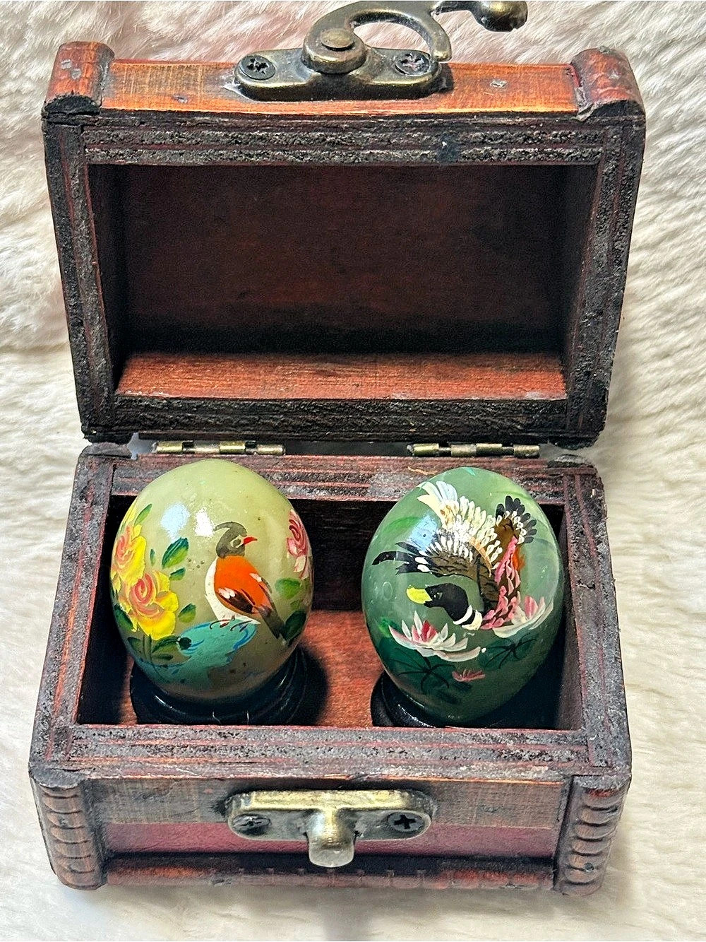Vintage Asian/Inspired Hand-Painted Jade Stone Eggs in Chest